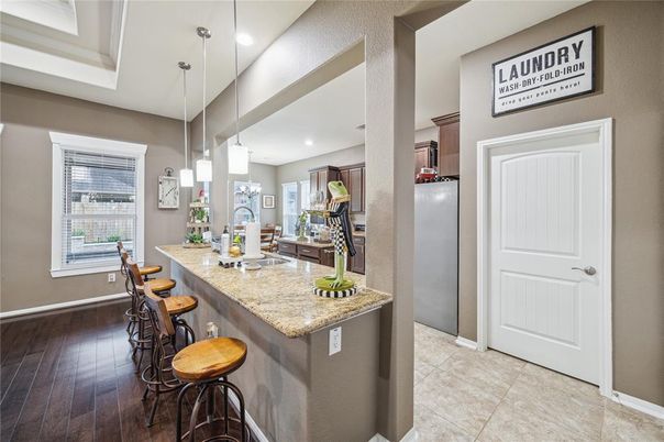Interior, Kitchen, Pendant Lights, Recessed Lighting, Wood Texture Flooring