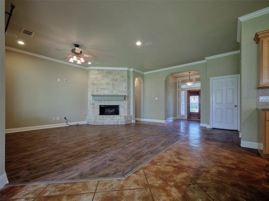 Empty room, Fireplace, Interior, Pendant Lights, Recessed Lighting, Wood Texture Flooring