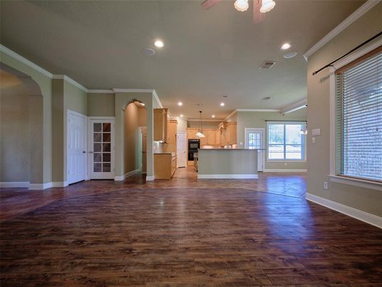 Empty room, Interior, Kitchen, Pendant Lights, Recessed Lighting, Wood Texture Flooring