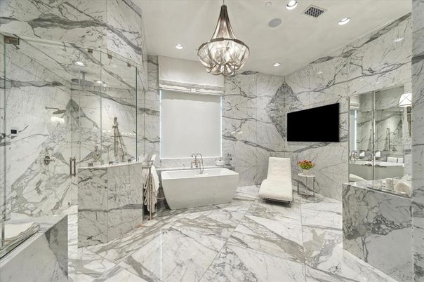Bathroom, Free Standing Baths, Glass Shower, Interior, Marble, Marble Walls, Pendant Lights, Recessed Lighting