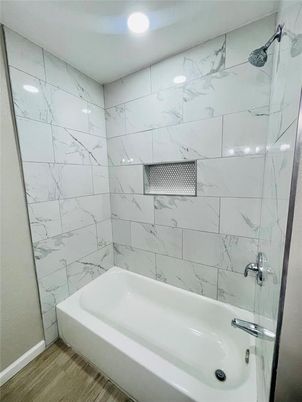 Bathroom, Interior, Marble Walls, Recessed Lighting, Wood Texture Flooring