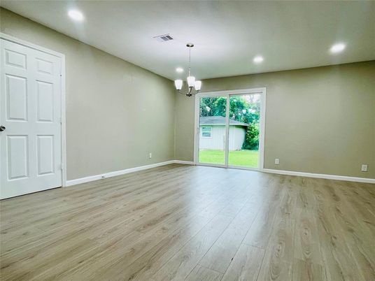 Empty room, Interior, Pendant Lights, Recessed Lighting, Wood Texture Flooring
