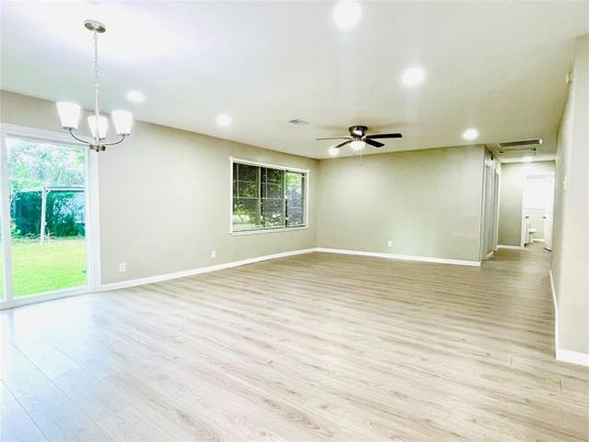 Empty room, Interior, Pendant Lights, Recessed Lighting, Wood Texture Flooring