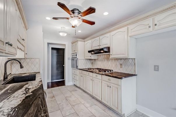 Interior, Kitchen, Marble, Recessed Lighting, Wood Texture Flooring