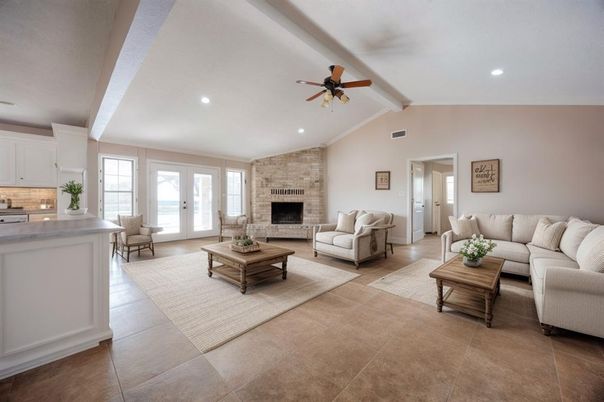 Fireplace, Interior, Kitchen, Living room, Recessed Lighting, Stone Walls