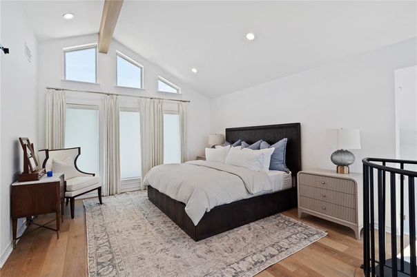 Bedroom, Interior, Recessed Lighting, Wood Texture Flooring