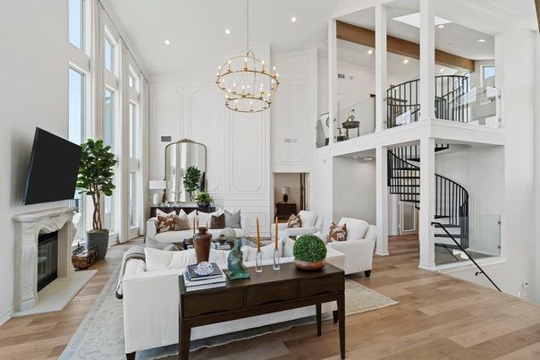 Chandelier, Fireplace, Interior, Living room, Pendant Lights, Recessed Lighting, Wood Texture Flooring
