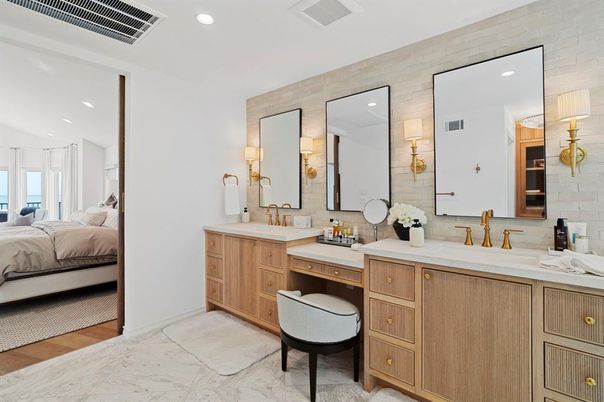 Bathroom, Bedroom, Dual Sink Vanities, Interior, Recessed Lighting, Stone Walls, Wood Texture Flooring