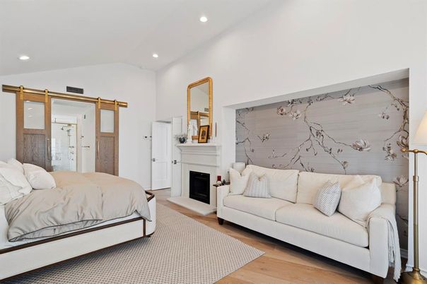 Bedroom, Fireplace, Interior, Recessed Lighting, Wood Texture Flooring