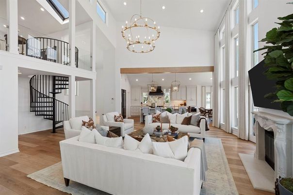 Chandelier, Fireplace, Interior, Kitchen, Living room, Pendant Lights, Recessed Lighting, Wood Texture Flooring