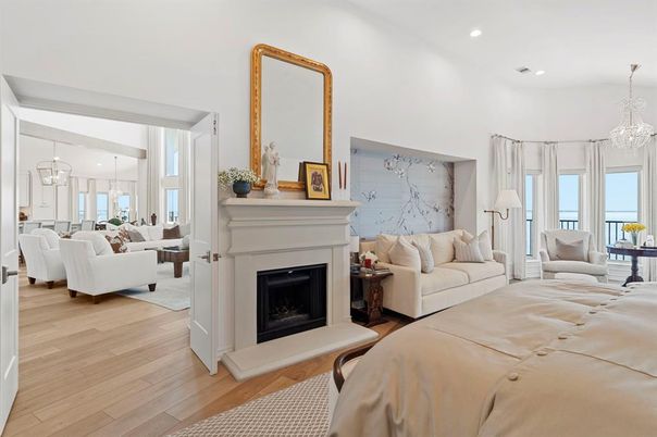 Bedroom, Chandelier, Fireplace, Interior, Living room, Recessed Lighting, Wood Texture Flooring