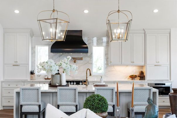 Interior, Kitchen, Marble Walls, Pendant Lights, Recessed Lighting, Wood Texture Flooring