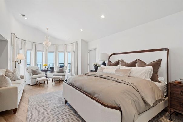 Bedroom, Chandelier, Interior, Recessed Lighting, Wood Texture Flooring