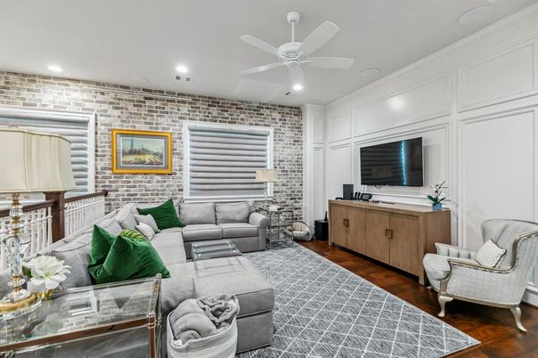 Interior, Living room, Recessed Lighting, Stone Walls, Wood Texture Flooring