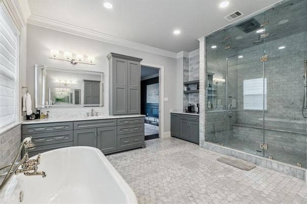 Bathroom, Dual Sink Vanities, Free Standing Baths, Glass Shower, Interior, Recessed Lighting