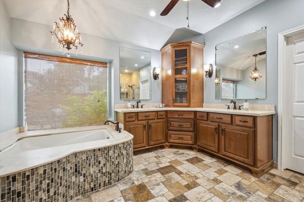 Bathroom, Chandelier, Dual Sink Vanities, Interior, Pendant Lights, Recessed Lighting