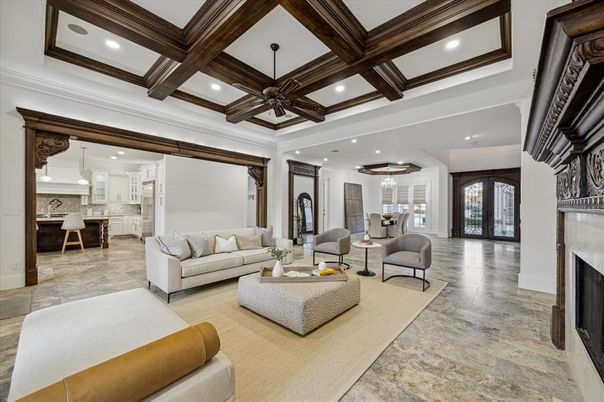 Fireplace, Interior, Living room, Pendant Lights, Recessed Lighting, Wooden Beams