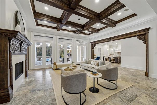 Fireplace, Interior, Living room, Pendant Lights, Recessed Lighting, Wooden Beams