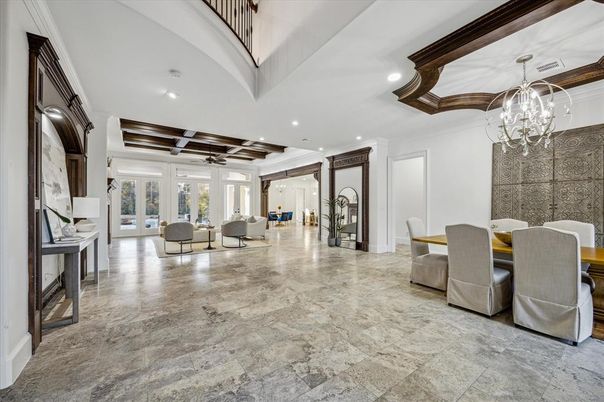 Chandelier, Dining room, Interior, Recessed Lighting, Wooden Beams