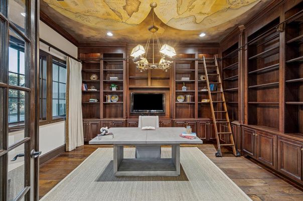 Chandelier, Home Office, Interior, Recessed Lighting, Wood Texture Flooring