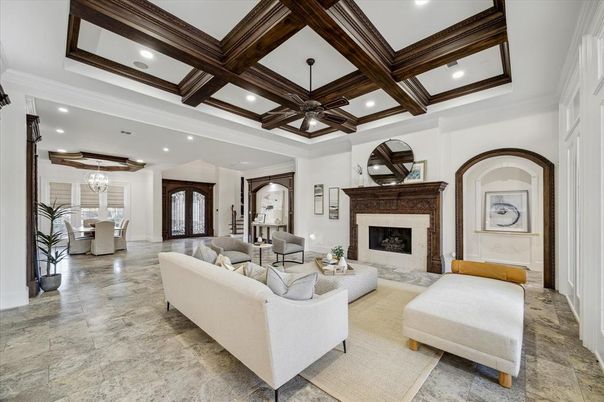 Chandelier, Dining room, Fireplace, Interior, Living room, Pendant Lights, Recessed Lighting, Wooden Beams