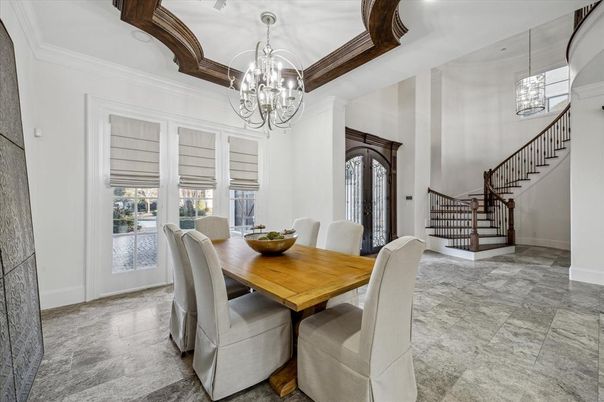 Chandelier, Dining room, Interior, Wooden Beams