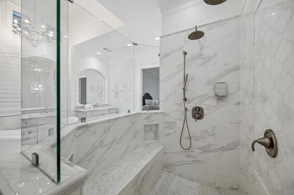 Bathroom, Glass Shower, Interior, Marble Walls, Recessed Lighting