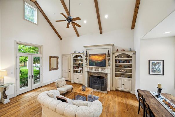 Fireplace, Interior, Living room, Recessed Lighting, Wooden Beams, Wood Texture Flooring