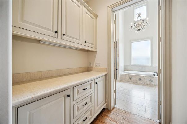 Bathroom, Chandelier, Interior, Wood Texture Flooring