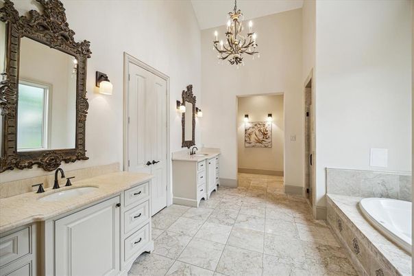 Bathroom, Chandelier, Dual Sink Vanities, Interior, Marble