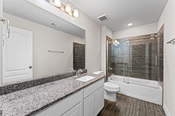 Bathroom, Glass Shower, Interior, Recessed Lighting, Wood Texture Flooring