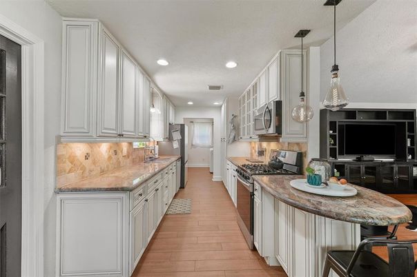 Interior, Kitchen, Pendant Lights, Recessed Lighting, Stainless Steel Appliances, Wood Texture Flooring