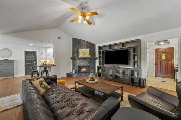 Fireplace, Interior, Living room, Pendant Lights, Stone Walls, Wood Texture Flooring