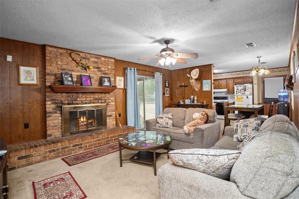 Dining room, Fireplace, Interior, Kitchen, Living room, Pendant Lights, Stone Walls
