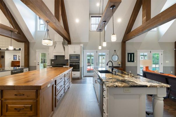 Interior, Kitchen, Pendant Lights, Recessed Lighting, Stainless Steel Appliances, Wooden Beams, Wood Texture Flooring