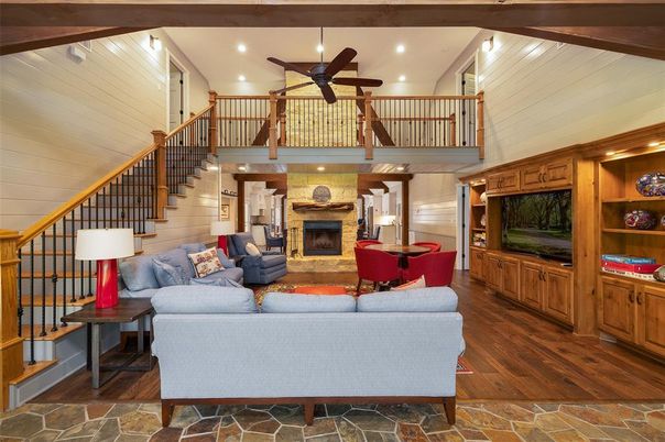 Dining room, Fireplace, Interior, Living room, Recessed Lighting, Wooden Beams, Wood Texture Flooring