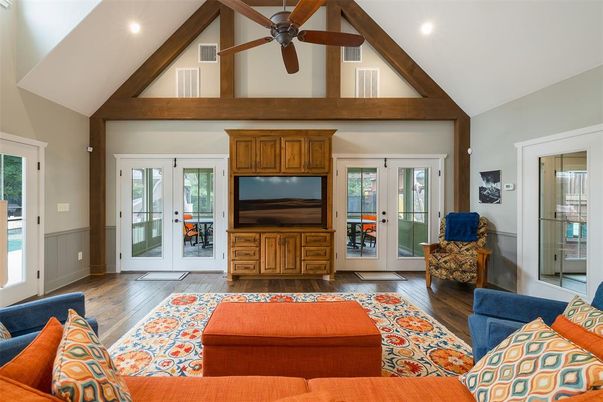 Interior, Living room, Recessed Lighting, Wooden Beams, Wood Texture Flooring