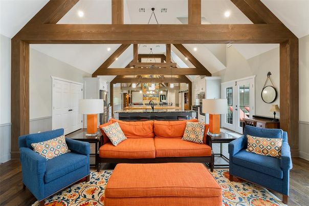 Interior, Living room, Pendant Lights, Recessed Lighting, Wooden Beams, Wood Texture Flooring