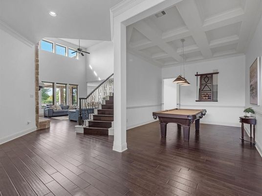 Billiard Table, Game Room, Interior, Pendant Lights, Recessed Lighting, Wood Texture Flooring