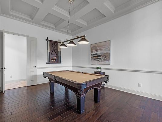 Billiard Table, Game Room, Interior, Pendant Lights, Wood Texture Flooring