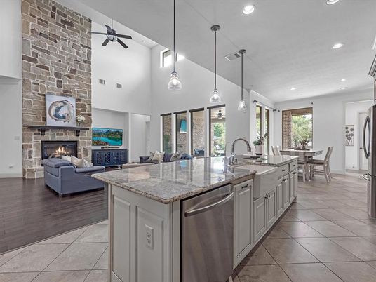 Dining room, Fireplace, Interior, Kitchen, Living room, Pendant Lights, Recessed Lighting, Stone Walls