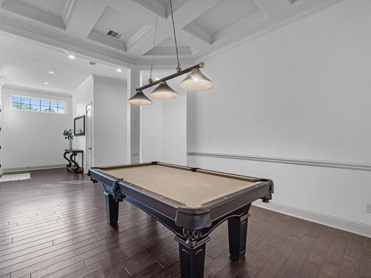 Billiard Table, Game Room, Interior, Pendant Lights, Recessed Lighting, Wood Texture Flooring