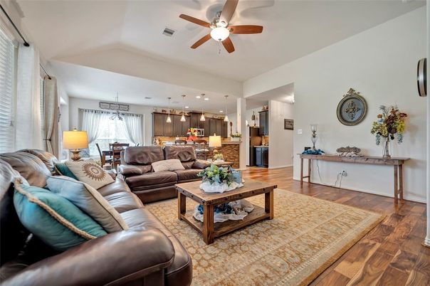 Dining room, Interior, Kitchen, Living room, Pendant Lights, Recessed Lighting, Stainless Steel Appliances, Wood Texture Flooring