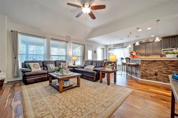 Dining room, Interior, Kitchen, Living room, Pendant Lights, Recessed Lighting, Wood Texture Flooring