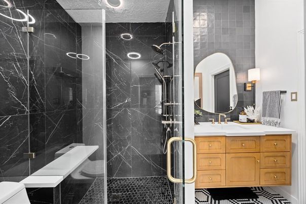 Bathroom, Glass Shower, Interior, Marble Walls, Recessed Lighting