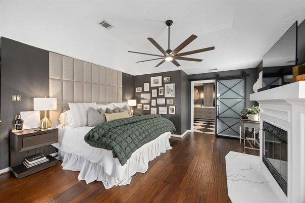 Bedroom, Fireplace, Interior, Wood Texture Flooring