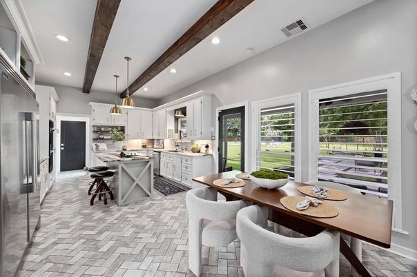 Dining room, Interior, Kitchen, Pendant Lights, Recessed Lighting, Stainless Steel Appliances, Wooden Beams