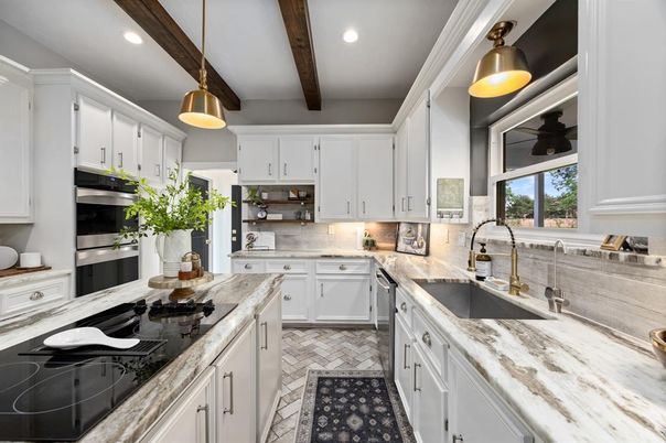 Interior, Kitchen, Pendant Lights, Recessed Lighting, Stainless Steel Appliances, Wooden Beams