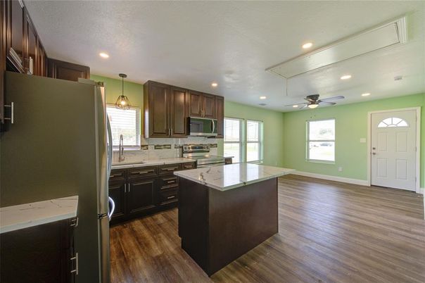 Interior, Kitchen, Pendant Lights, Recessed Lighting, Wood Texture Flooring