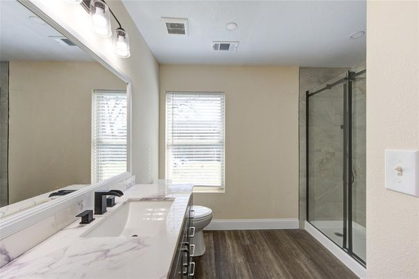 Bathroom, Glass Shower, Interior, Wood Texture Flooring